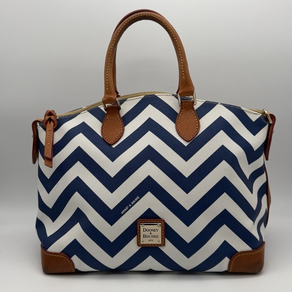 Dooney & Bourke Chevron Satchel Navy White Coated Canvas Leather Trim Purse